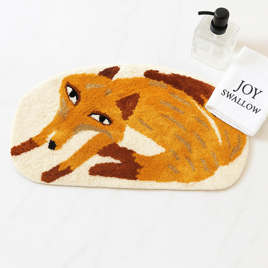 JoySwallow Orange Fox Tufted Bathmat: Yarn Dye Animal Rug, Non-Slip