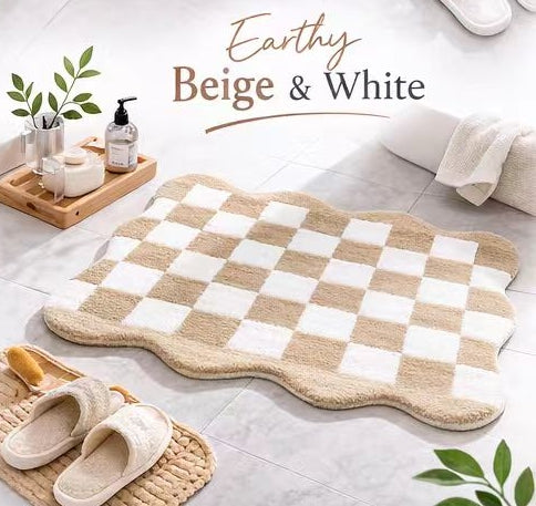 Joyswallow Modern Black and White Checkered Velvety Bath Mat - Soft and Plush Non-Slip Tufted Bathroom Rug