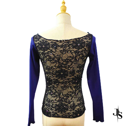 Custom Figure Skating Tops – Long Sleeve Lace Back with Personalized Rhinestones Design