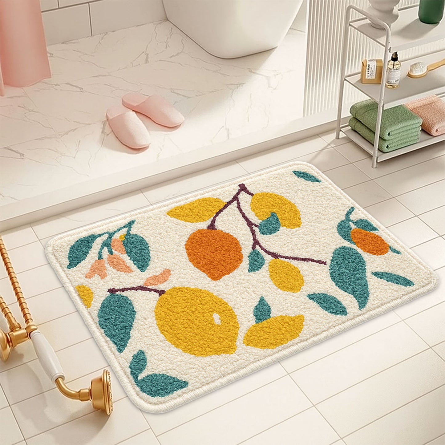 JoySwallow Lemon Tree Tufted Bathmat, Floral Bathroom Rug, Flower Area Rug, Floral Bedroom Rugs