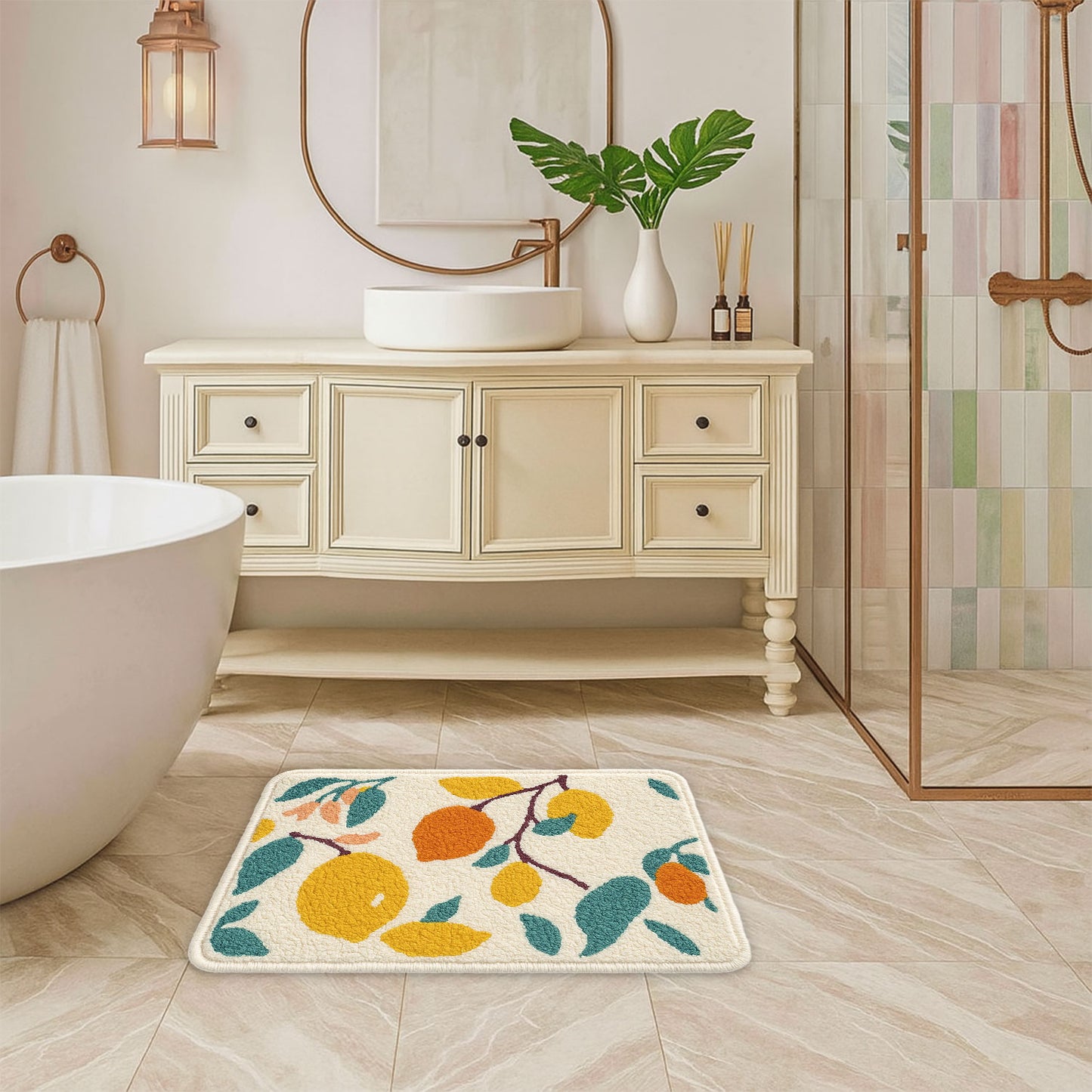 JoySwallow Lemon Tree Tufted Bathmat, Floral Bathroom Rug, Flower Area Rug, Floral Bedroom Rugs