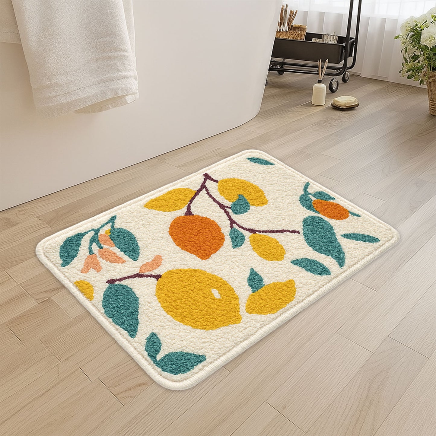 JoySwallow Lemon Tree Tufted Bathmat, Floral Bathroom Rug, Flower Area Rug, Floral Bedroom Rugs