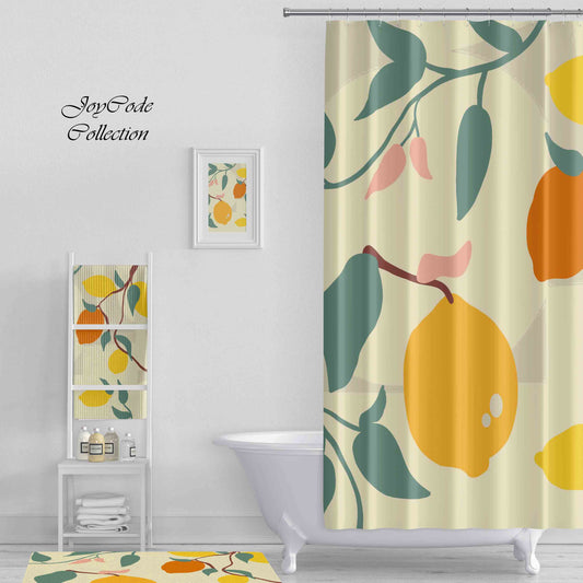JoySwallow Lemon Tree Shower Curtain, Leaves Waterproof Curtains, Floral Machine Washable Shower Curtains, Fruit Heavy Weighted Bath Curtains with hooks