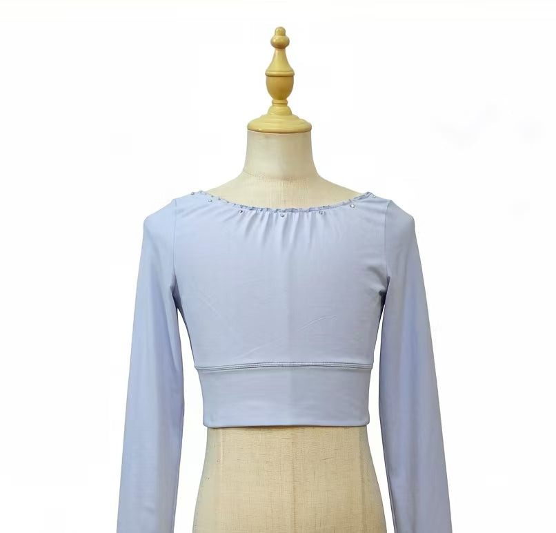 Custom Figure Skating Crop Tops – JS Light Blue Long Sleeve with Lace Back