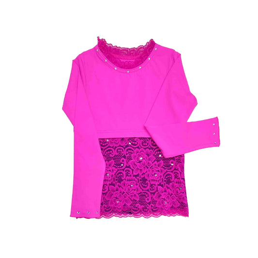 Hot Pink Faux Two-Piece Figure Skating Training Tops | Lace Crystal Skatewear
