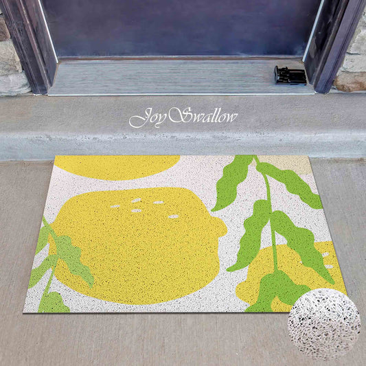 JoySwallow Lovely Lemon and Leaves PVC Coil Entrance Door Mat, Fruit Anti-Skid Outdoor Mat, Floral Art Entryway Rug for Porch Courtyard