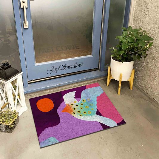 JoySwallow Abstract Bird Sun Mountain Doormat, PVC Coil Entrance Door Mat, Abstract Anti-Skid Outdoor Mat, Entrance Rug, Modern Entryway Rug for Porch Courtyard