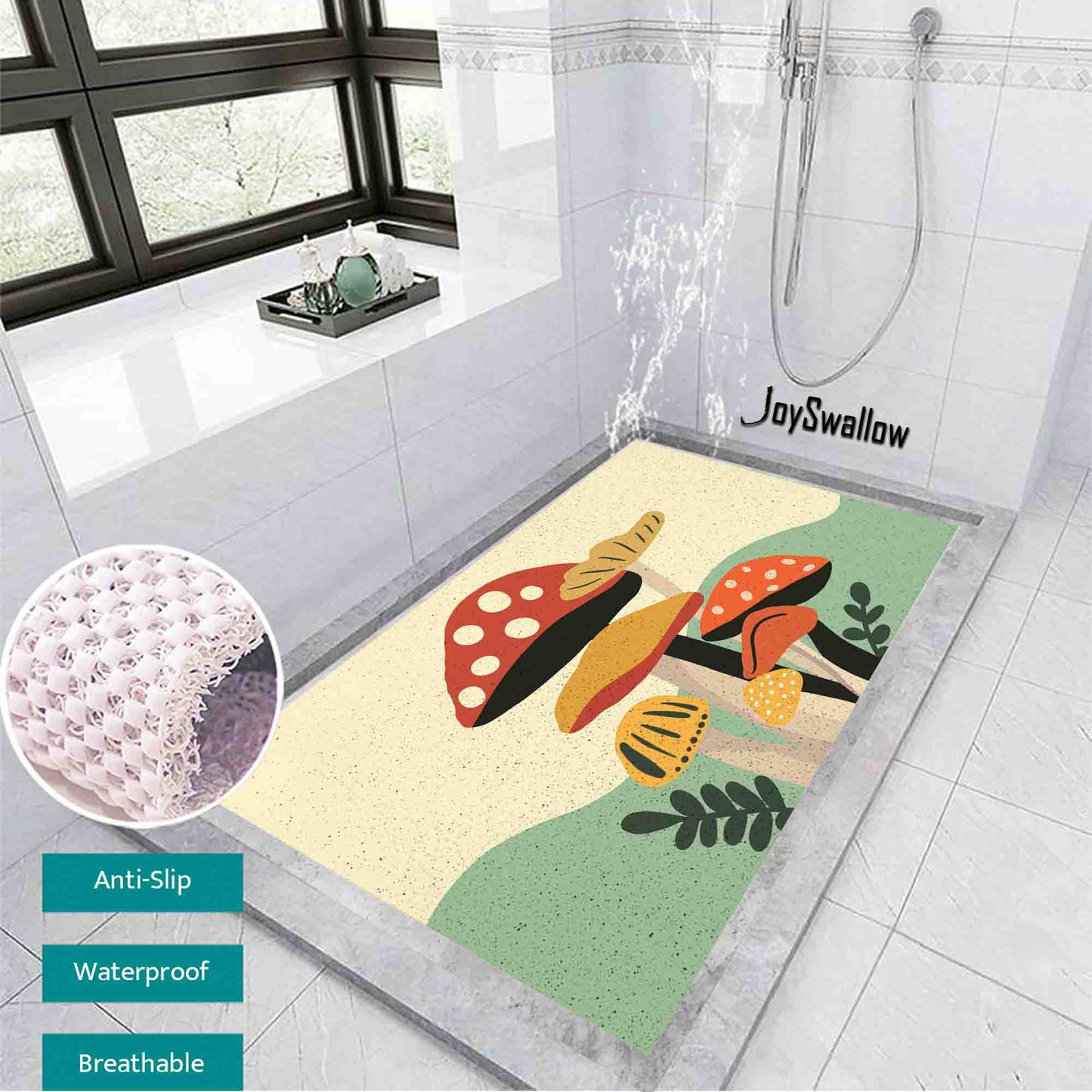 JoySwallow Personalized Bathtub Mat, Lovely Mushrooms Tub Mat, PVC Coil Permeable Bath Mat, Floral Drainable Bath Rug, Anti Skid Bathmat