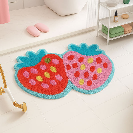 JoySwallow Irregular Strawberry Tufted Bathmat, Strawberry Bathroom Rug, Fruit Area Rug, Strawberry Bedroom Rugs