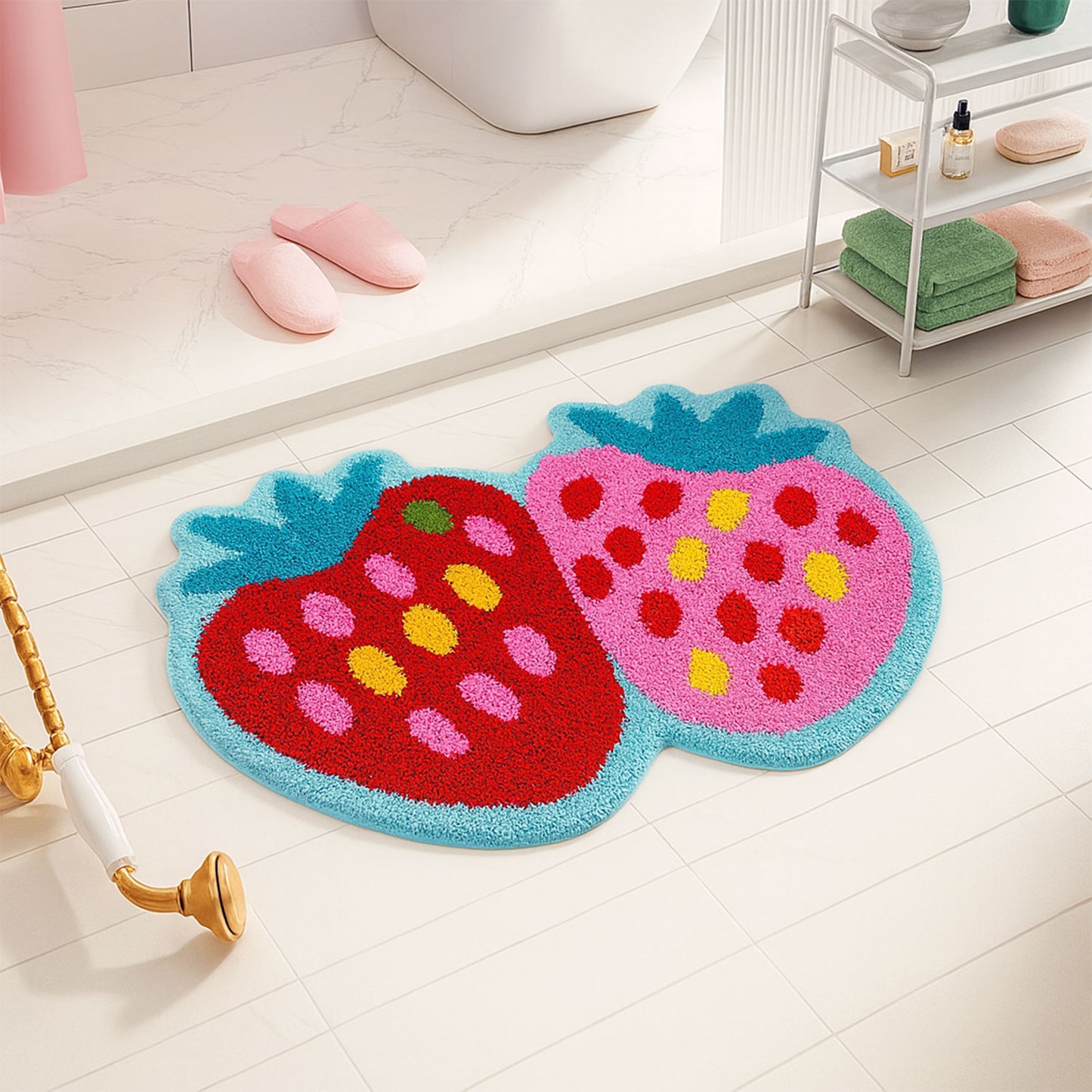 JoySwallow Irregular Strawberry Tufted Bathmat, Strawberry Bathroom Rug, Fruit Area Rug, Strawberry Bedroom Rugs