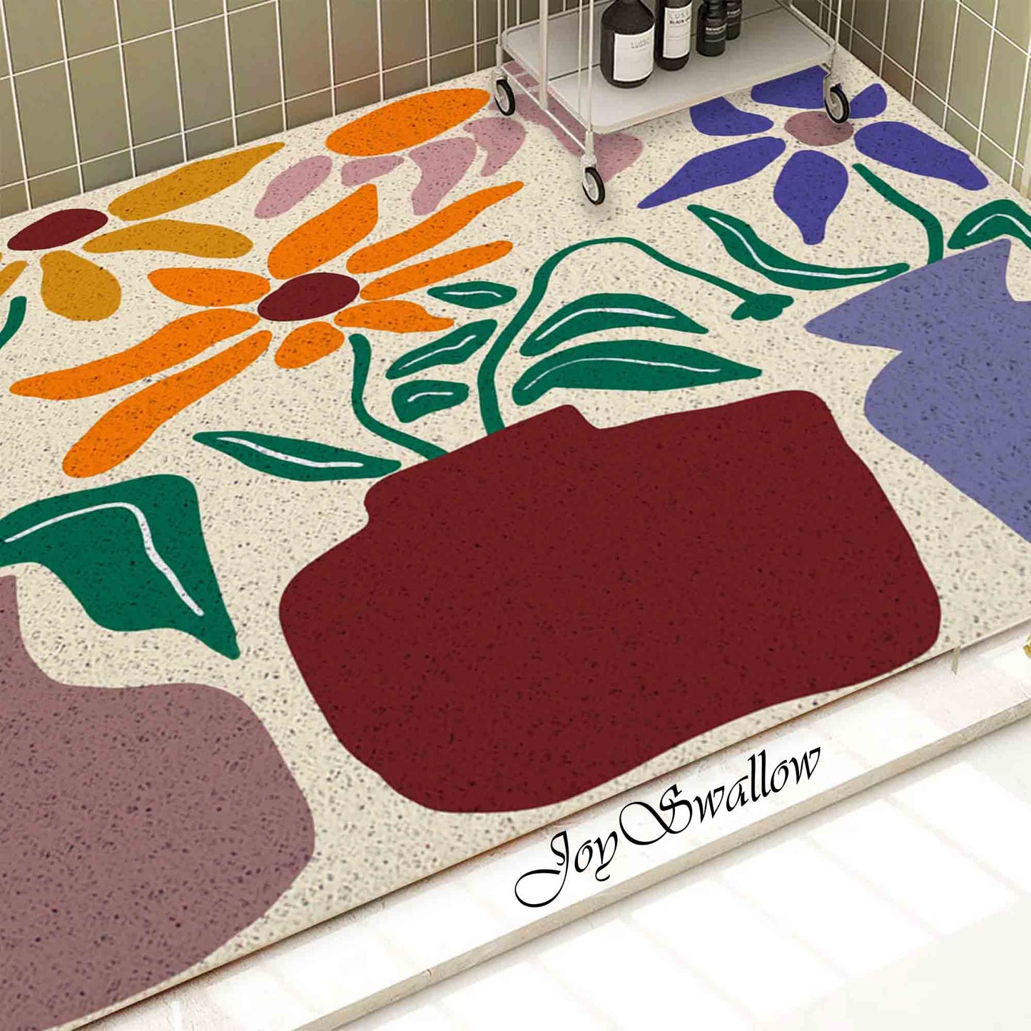 JoySwallow Personalized Bathtub Mat, Sun Flower and Vase Bath Tub Mat, PVC Coil Permeable Bath Mat, Floral Drainable Bath Rug, Anti Skid Bathmat
