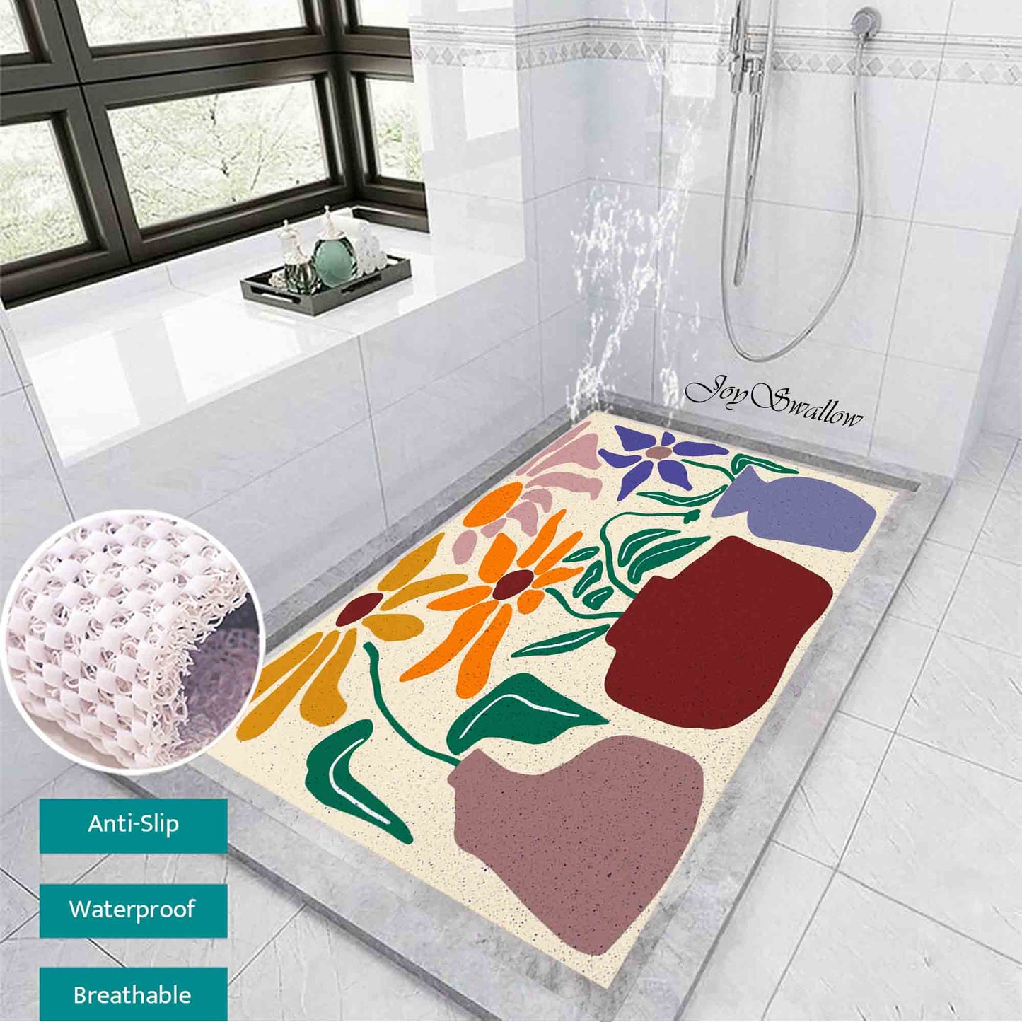JoySwallow Personalized Bathtub Mat, Sun Flower and Vase Bath Tub Mat, PVC Coil Permeable Bath Mat, Floral Drainable Bath Rug, Anti Skid Bathmat