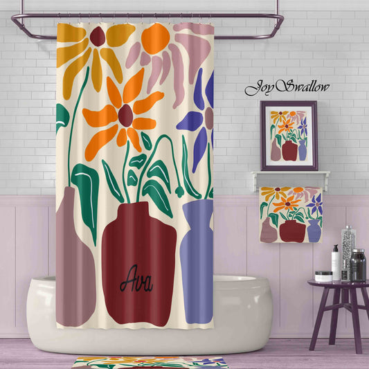 JoySwallow Personalized Shower Curtain, Sun Flower and Vase Shower Curtain, Flower Waterproof Curtains, Floral Machine Washable Shower Curtains, Colorful Heavy Weighted Bath Curtains with hooks